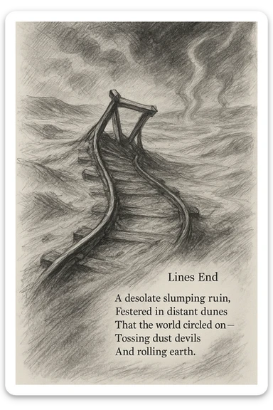 black and white pencil sketch inspired by the poem 'Lines End', showing a desolate, slumping railroad track ending abruptly in a barren landscape of dunes and sand, with twisted rails and a sense of ruin, vast empty wasteland background with wind, earth, and dust devils, dramatic lighting, no background clutter, include the verbatim poem text in a regular text font flowing along the bottom or side of the sketch sticker