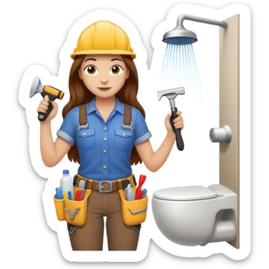 beautiful girl with long brown hair constructing new bathroom area with new shower and amenities  sticker