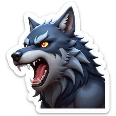 cinematic-noble-fierce-werewolf-howling-portrait-emoji, poised-and-imposing, with a fierce wolfish face tilted upwards in a haunting howl, glowing eyes full of primal ferocity, sharp, and a rugged snout, fur rippling in shades of midnight black and silver, muscles tensed as the powerful howl echoes beneath the moonlit sky; rendered with realism, capturing the raw, untamed power of the beast in its wild, primal state sticker