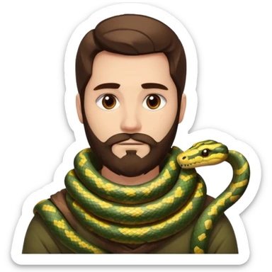 portrait man long brown hair brown eyes medium beard white skin with snake wrapped around neck calmly sticker