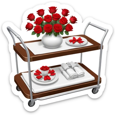 Room service trolley: A silver serving trolley with covered dishes, folded napkins, and a small flower vase. sticker