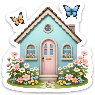 Cottagecore style, highly realistic, whimsical cute, vintage vibe, small cottage with a little garden in front with lots of pastel colored flowers, and butterlies flying around, with a vintage pale front door. Still life design. sticker
