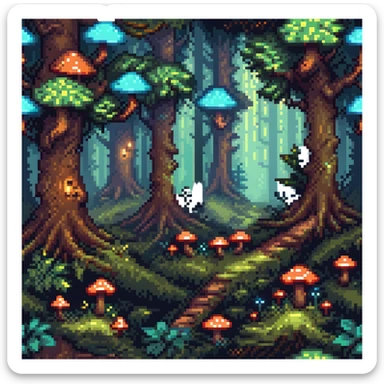 enchanted forest with tiny glowing mushrooms and mysterious trees sticker
