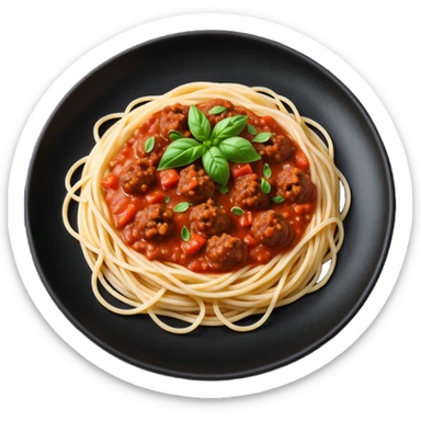 Spaghetti Bolognese on a black plate,nice basil on top sticker