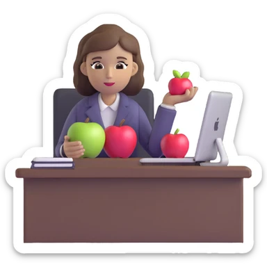 woman English teacher with brown hair, at a desk with an apple sticker