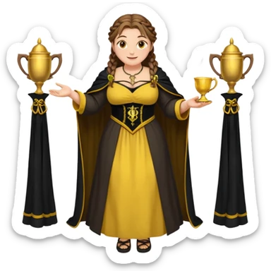 Helga Hufflepuff,brown-haired,2 braids,yellow-black medieval open dress,deep neckline,fat macromastia,black cloak decorated with gold braiding,gold cup with two handles,very kind smile,curvy busty sweet woman,round rosy cheeks,full length with medieval shoes sticker