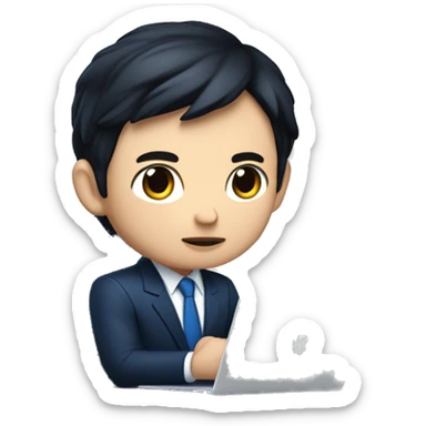memoji of a young man with a laptop in the left front, apple-style, on the laptop there is a blue sticker with 4 letters: "WYZE". modern, dark hair, dark blue suit, laptop in hand, laptop on the table,  chinese skin, sitting on this desk. sticker
