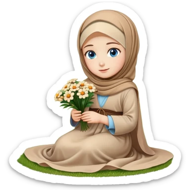 Turkish beautiful finish Konya girl blue eyes with beige flower hijab long tail dress and sits on the grass on the ground and hold beige flower on hand  sticker