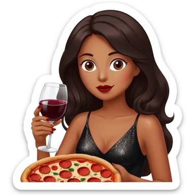 Beautiful woman in 1950’s woman fashion look, black shimmery dress, long dark brown hair, red wine, Pepperoni pizza sticker