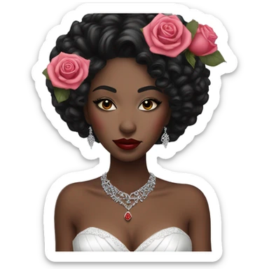 African bride. Pink makeup. Short black curly hair. Silver jewelry. Holding red roses. Eyes closed. sticker
