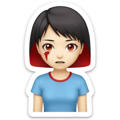 chibi Asian zombie girl emoji, Ada Wong bob haircut, light blue skin, red pupils, shy smile sticker