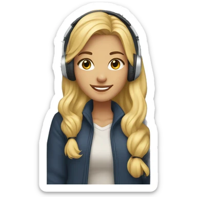 blonde female student standing by her locker with wireless headphones, winter coat, taking a selfie sticker