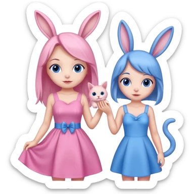 blue bunny girl and pink cat girl playing sticker
