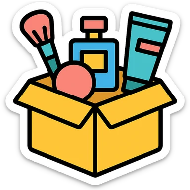 an opened box with various beauty items spilling out, including makeup, skincare, and perfume sticker