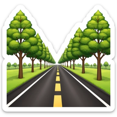 A long horizontal road (without lines) with trees and bushes on the sides and behind sticker