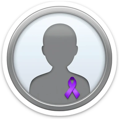 Apple iOS–style 3D emoji: round silver mirror, front view. In reflection, neutral silhouette with little violet awareness ribbon (classic looped cause-support ribbon) on chest, only visible in reflection. White background, soft shadow. sticker