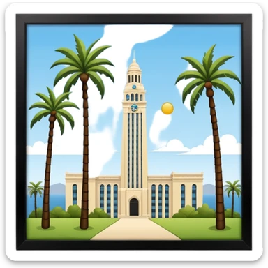 California Tower landscape in San Diego with palm trees, inspired by reference photo, simple style, apple style emoji, white background, no text sticker