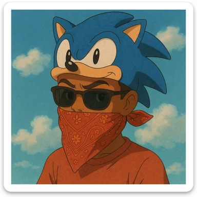 slick warm brown skinned boy with raised eyebrows, Sonic hat, sunglasses, and a bandana over his mouth, ghibli-inspired style sticker
