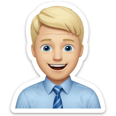 A 27 year old guy with blonde hair and blue eyes that looks masculine. make him wear a shirt with a tie. he is danish. He is laughing extremely hard. More extreme expression sticker