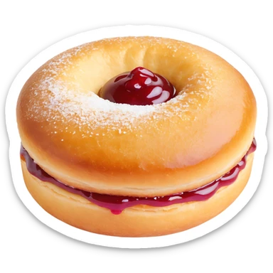 a single Berliner Krapfen pastry, round, golden-brown, no hole, heavily covered with powdered sugar, visible jam filling sticker