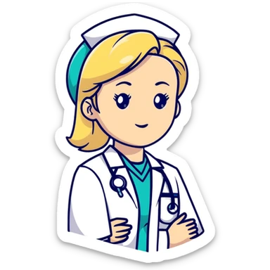 blonde woman kinesiologist in medical uniform with thoughtful face sticker