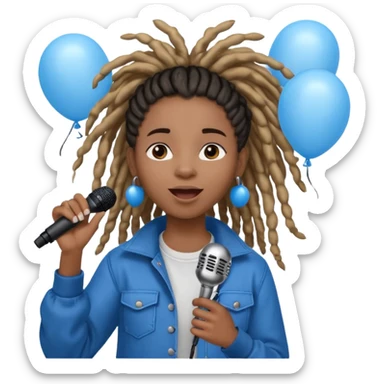 Black girl Stud with dreadlocks singing 1,2,3 release em with white and blue balloons flying overhead emoji like with mic in hand  sticker
