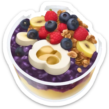 Açaí in a clear cup with layers of fruits and granola and condensed milk sticker