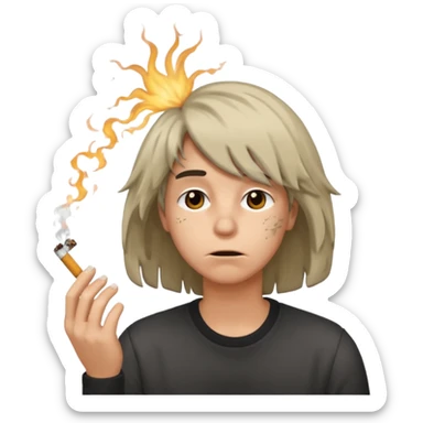 stressed emoji looking down shaking head wearing a disheveled wig with a cigarette in hand sticker