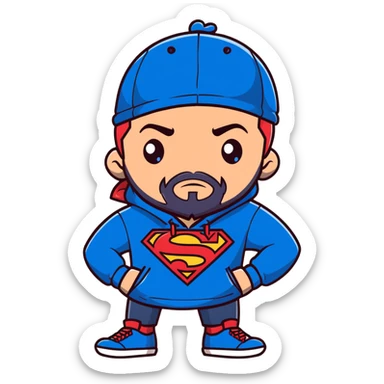 Full body Adult male with blue eyes and redish messy hair and trimmed facial hair wearing a blue superman hoodie and a black backwards baseball hat sticker