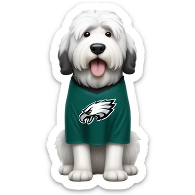 Old English Sheepdog full height wearing a Philadelphia Eagles shirt sticker