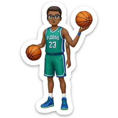 Full Body tall plus size white male with dark short hair basketball player wearing glasses wearing blue green uniform sticker