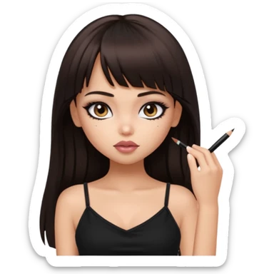 generate a pretty bratz girl in black cami top, dark brown straight long hair with bangs, eyeliner on, sticker