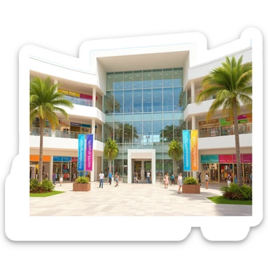 A modern shopping mall with large glass windows, sleek white and beige exterior, multiple floors visible, palm trees outside, colourful banners, busy entrance with shoppers, sunlight reflecting off the building, tropical, clean, inviting, vibrant, slightly cartoonish style sticker