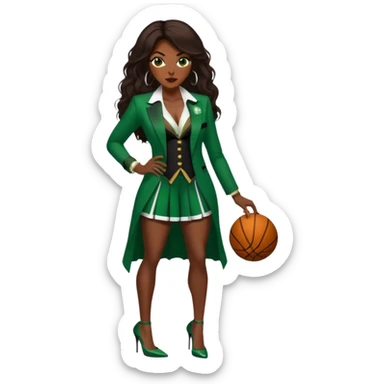 Bald white man with blue eyes and an orange beard, wearing a Jason Tatum jersey, jeans and green/white Nike sneakers. 

48-year-old dark skin black woman with brown eyes and long dark brown hair is dressed in sexy Boston celtics outfit & wearing stilettos. sticker