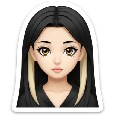 Hime gyaru girl, medium-long, straight black hair, black slanted eyes and thin black eyebrows, gyaru makeup, sticker