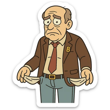 ex billionaire, sad expression, empty pockets, cartoon style sticker