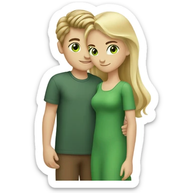 Blond boy with green eyes and brunette girl with brown eyes hold hands in love sticker