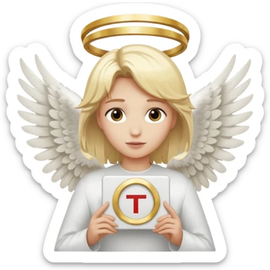 "An angel emoji with blonde hair, a halo, wings, holding a 'COMPARTILHAR' sign in bold letters." sticker
