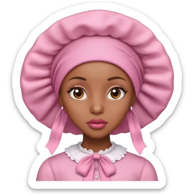 black woman with big lips with a pink bonnet on. no hair showing sticker