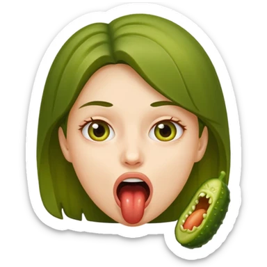 A girl opening her mouth insanely wide with a pickle inside her mouth  sticker