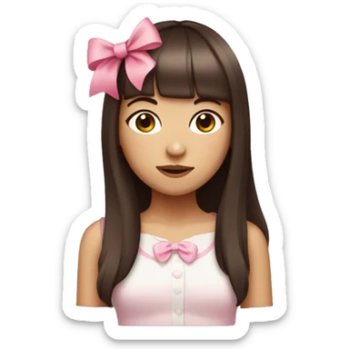 teenage girl with dark red straight hair and bangs with a pink bow in her hair sticker