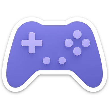 A modern, minimalistic icon of a game controller in flat design style, using harmonious shades of purple and lilac with soft gradients or shadows for depth, suitable for mobile and web applications. sticker