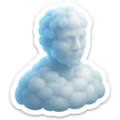shoulder-up front view of a person fully made of bright, puffy clouds, including the face, matte glass style sticker
