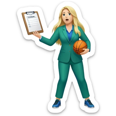 Full Body white plus size female basketball head coach yelling using a clipboard with long blonde hair in a blue and green suit sticker
