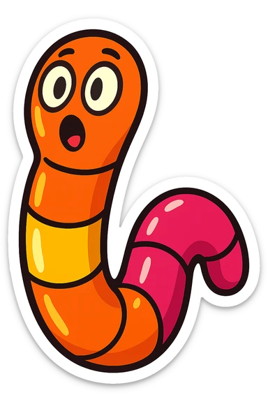 a glossy gummy worm candy with a surprised face, fun and friendly sticker
