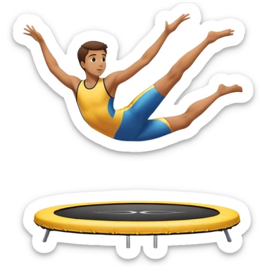 An athletic person soaring high above a trampoline, executing an acrobatic flip with perfect form. The scene captures motion and energy, with a dynamic pose, stretched limbs, and a focused expression. The background suggests a professional trampoline arena with safety padding. sticker