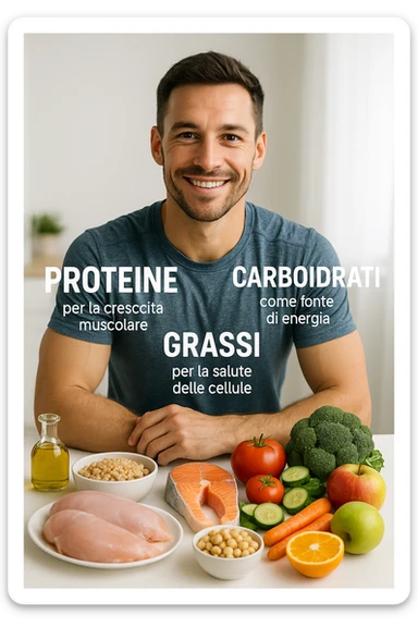 uomo che fa alimentazione attraverso i giusti macronutrienti. Scritte in ITALIANO immagine 4k realistica sticker