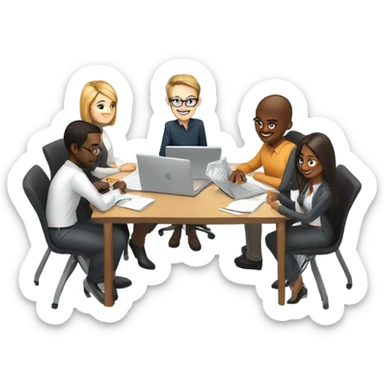 A small, diverse team collaborates with laptops and sketches in the background, symbolizing professional IT consulting.  sticker