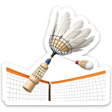 A shuttlecock mid-air above a badminton court, with its feathers spread wide and the background showing a faint outline of a net. The image emphasizes motion and lightness, symbolizing the speed and precision of the sport without players in sight sticker