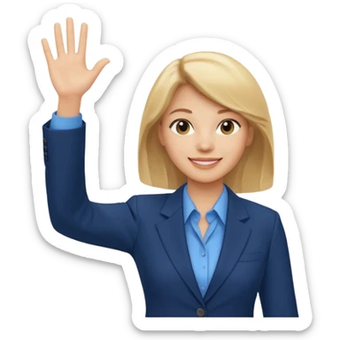 Make emoji of business woman with light skin and medium blonde hair in a dark blue business suit and light blue shirt waiving to new clients sticker